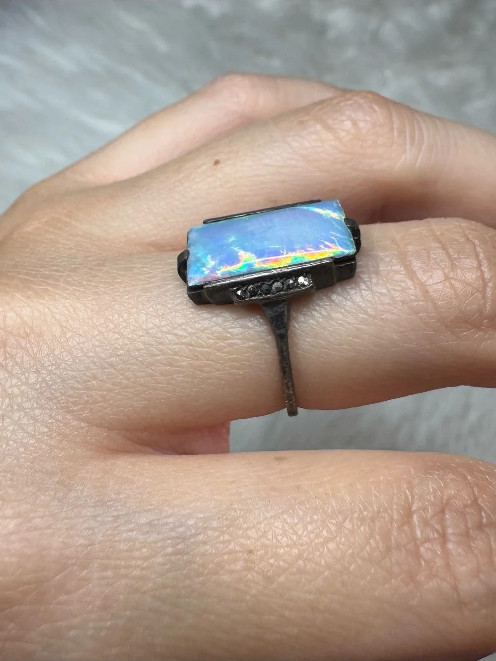 Sterling Silver Opal Rectangular Ring - Iridescent Blue-Green